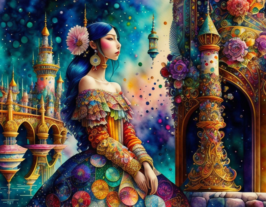 Colorful woman in whimsical dress with castles, stars, and flowers