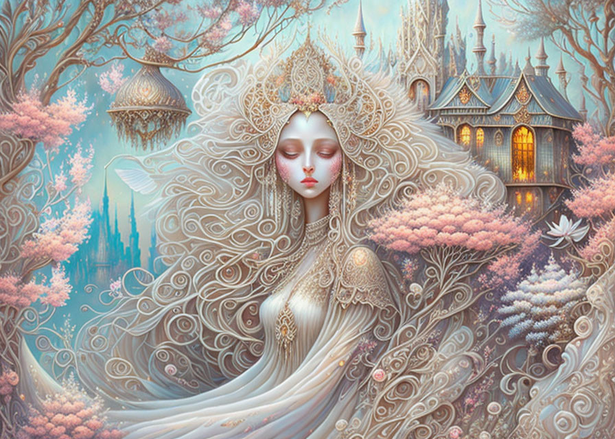 Fantastical painting of serene woman with elaborate headdress and ethereal castle backdrop