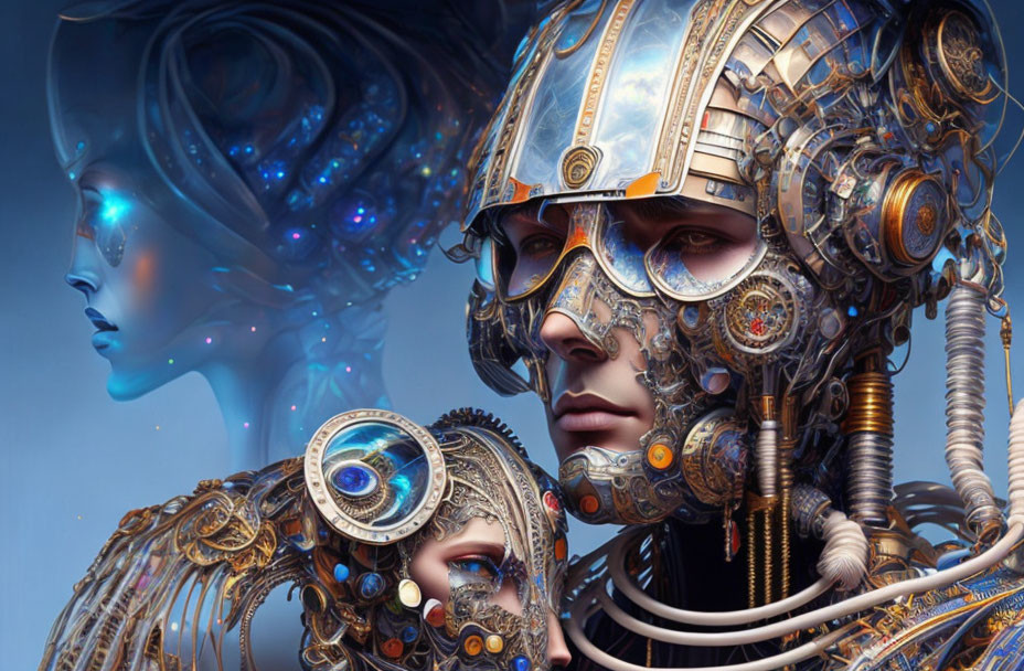 Hyper-realistic humanoid robots with intricate mechanical designs and mask-like features.