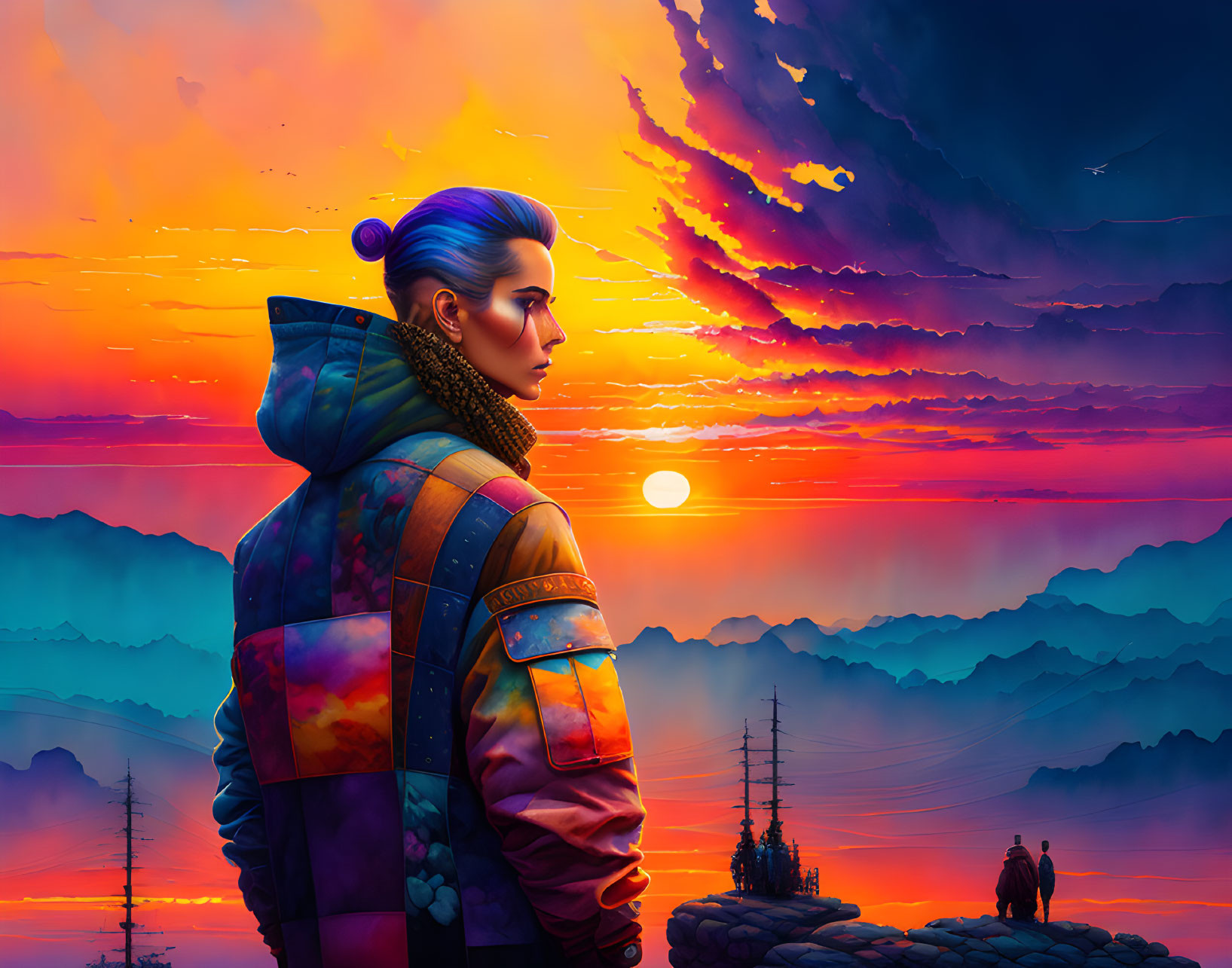 Vibrant jacket-wearing person gazes at surreal sunset with silhouetted mountains