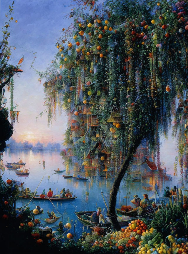 Colorful painting of mystical waterfront scene at sunset with boats, lanterns, and fruit trees.