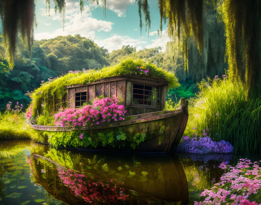 Old Wooden Boat Covered in Flowers Drifting on Calm Waters