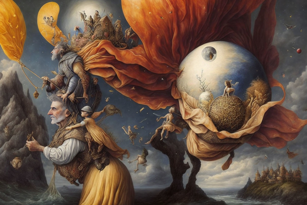 Surreal Renaissance figures on floating flower bulbs in cloudy sky