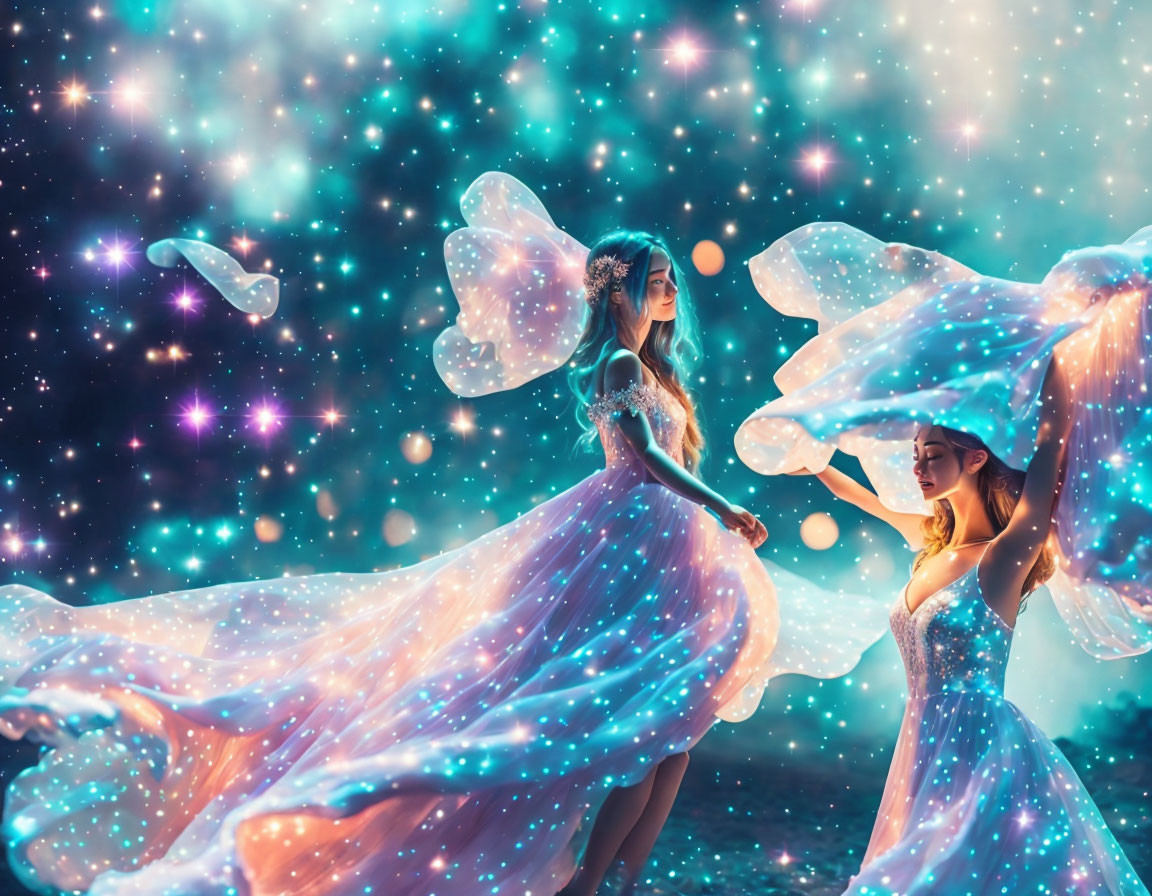 Two women in fantasy dresses with butterfly wings in starry background