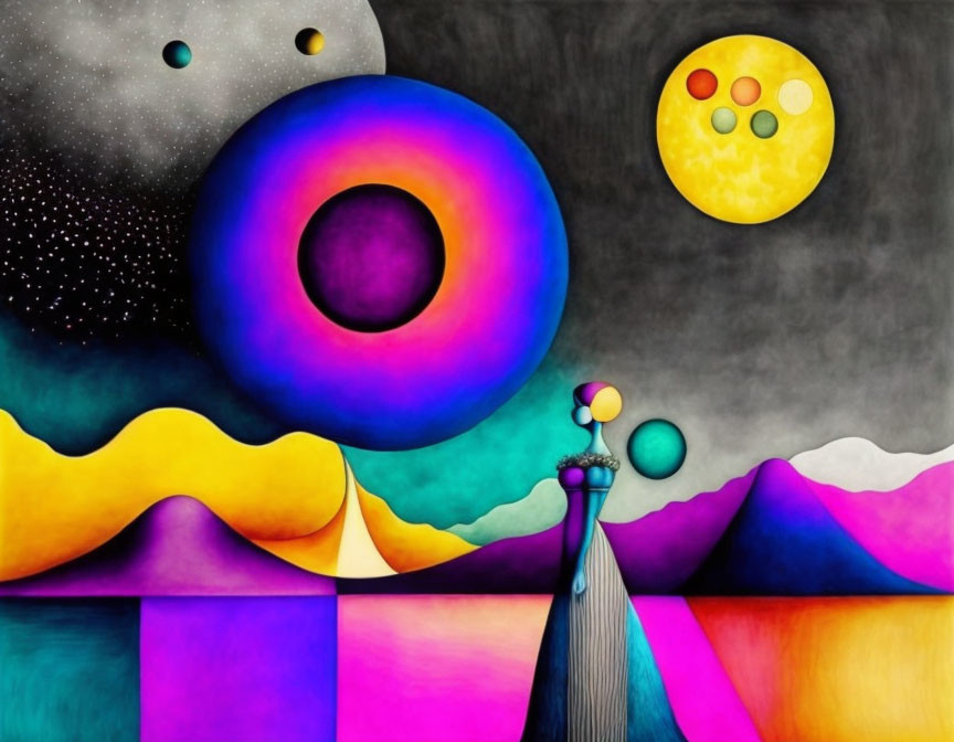 Colorful Abstract Art: Vibrant Hills, Starry Sky, Ringed Planet, Moon, Surre