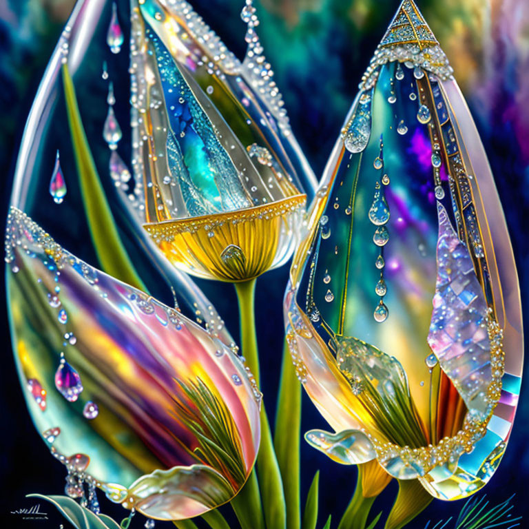 Colorful digital artwork of luminescent drops on plant-like forms