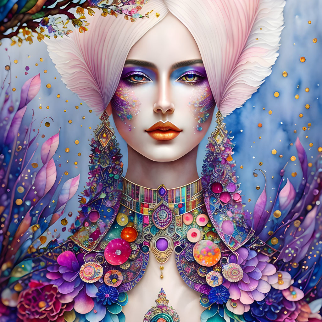 Surreal portrait of female figure with purple hues and ornate floral patterns