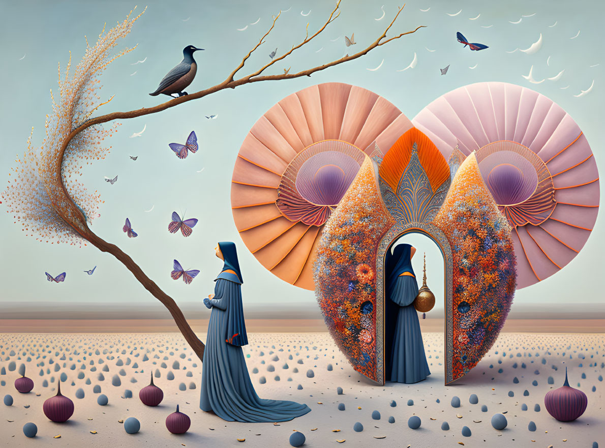 Surreal artwork: Cloaked figures, tree, bird, butterflies, shells, colorful structures