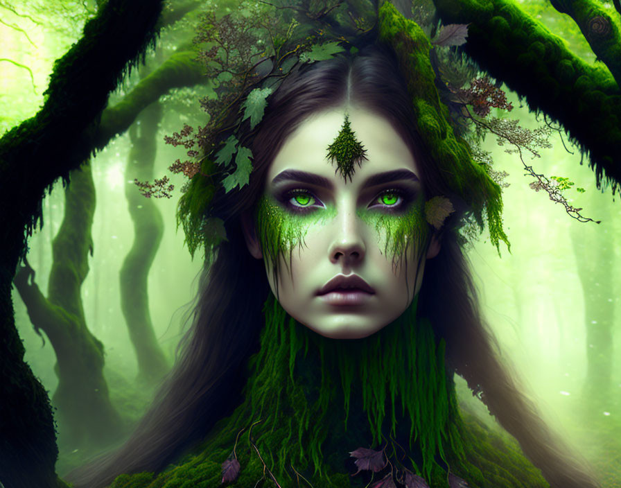 Woman with Forest-Inspired Makeup in Enchanted Woodland Portrait