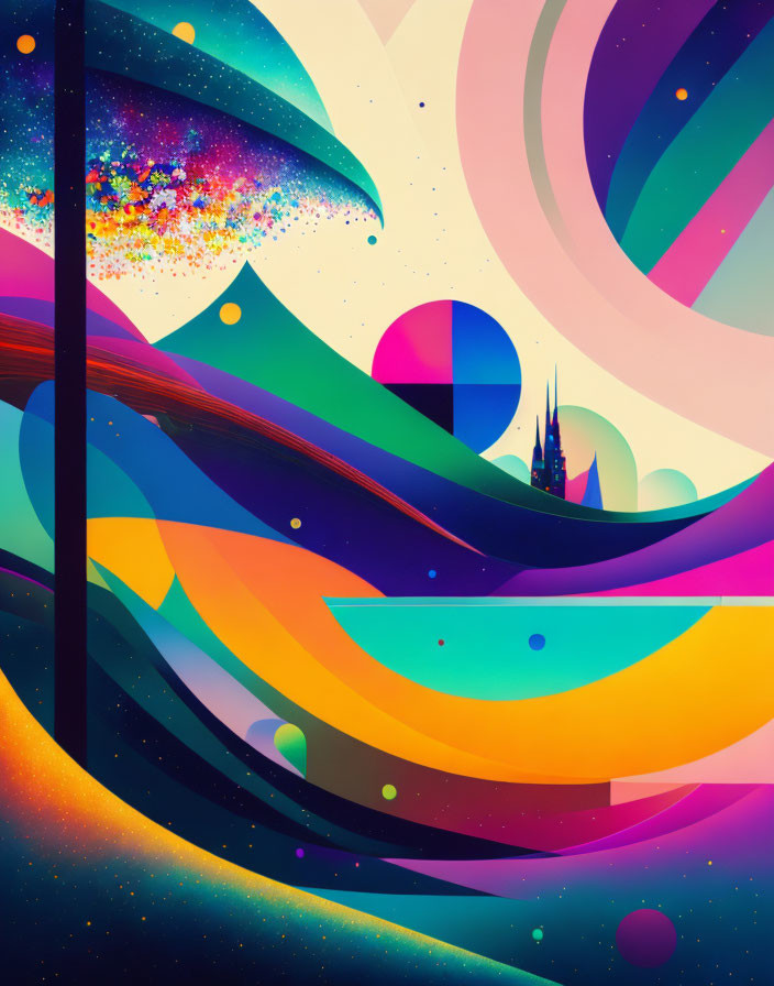 Abstract digital artwork: Vibrant colors, abstract shapes, stars, and cosmic background.