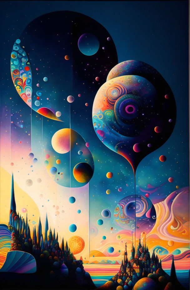 Colorful surreal cosmic landscape with planets, swirling patterns, and celestial orbs.