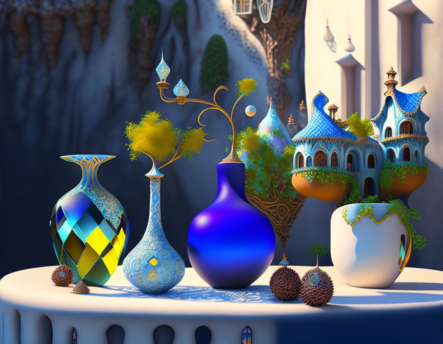 Colorful fairy-tale castle with ornate fantasy vases on table