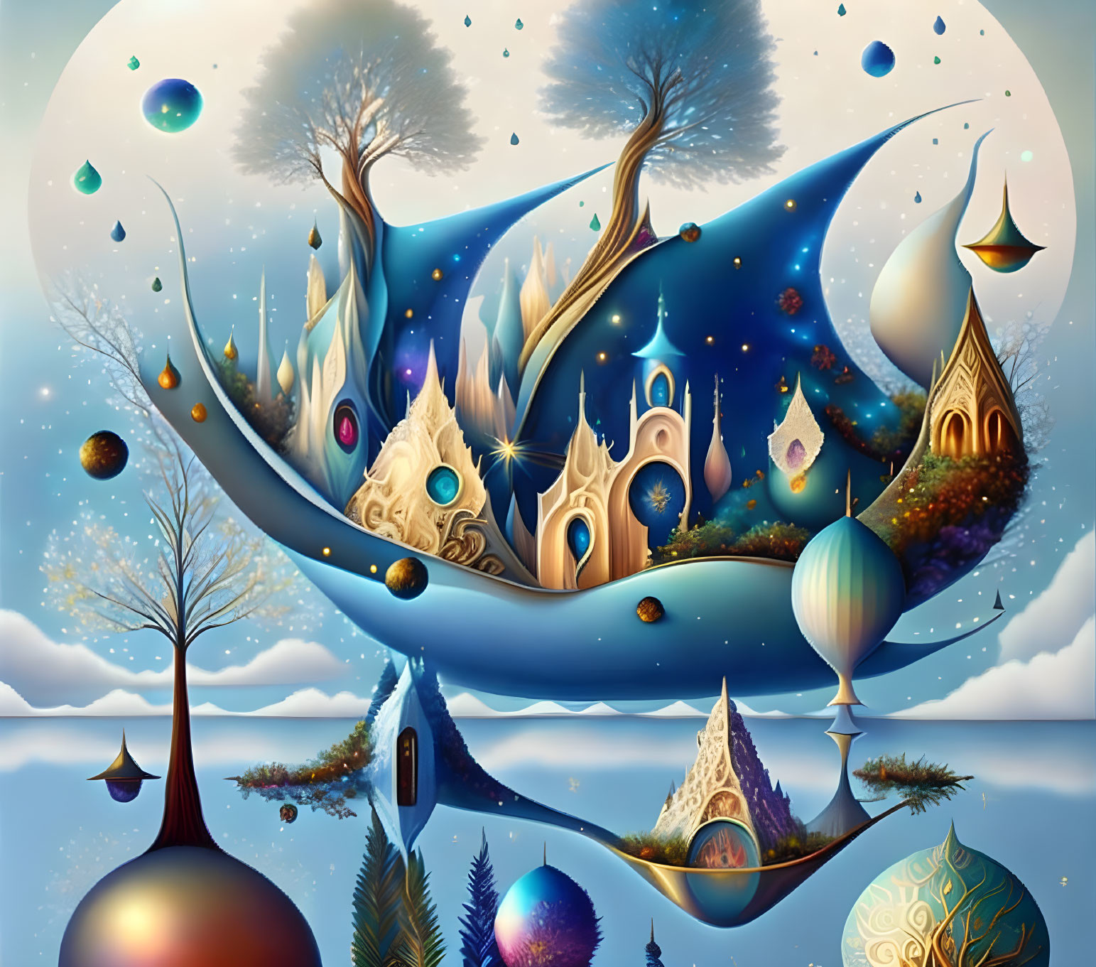 Vibrant surreal fantasy landscape with castles and floating orbs