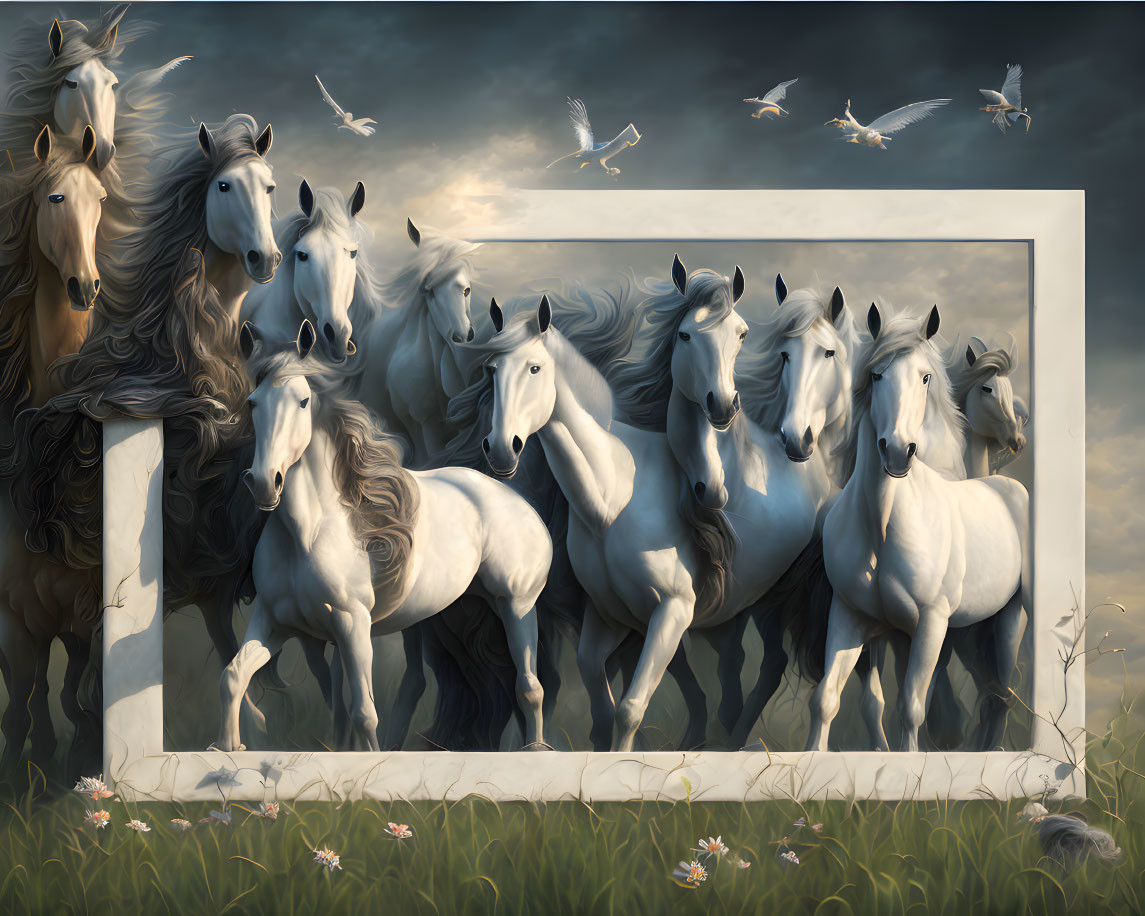 White horses running from painting to meadow under cloudy sky with seagulls