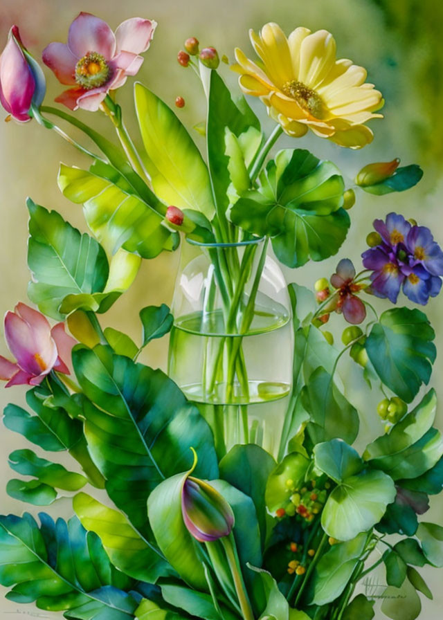 Colorful Watercolor Painting of Flowers and Leaves in Glass Vase