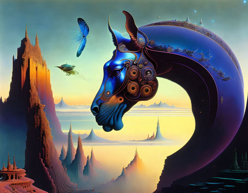 Surreal landscape with horned creature, butterfly, mountains & futuristic structures