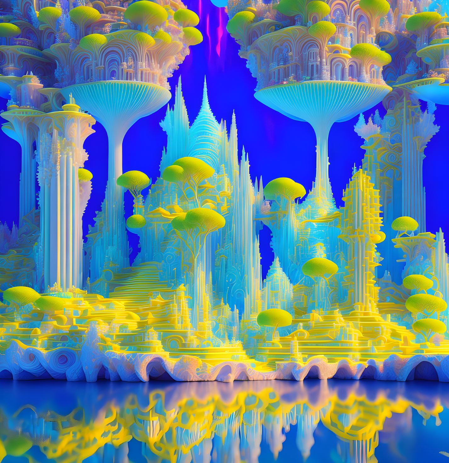 Surreal Landscape with Futuristic Structures and Mushroom-like Trees