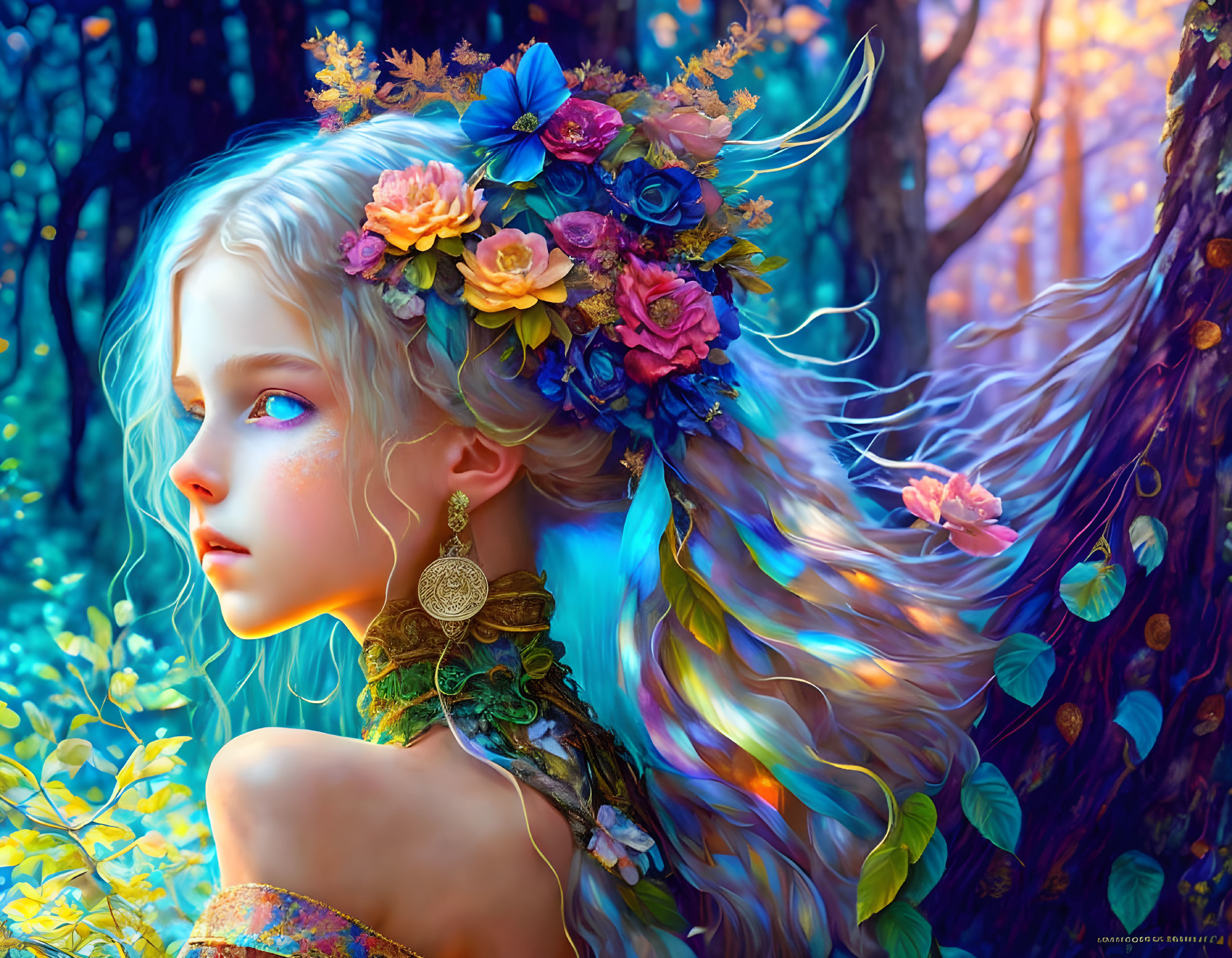 Girl with Silver Hair and Flowers in Magical Forest