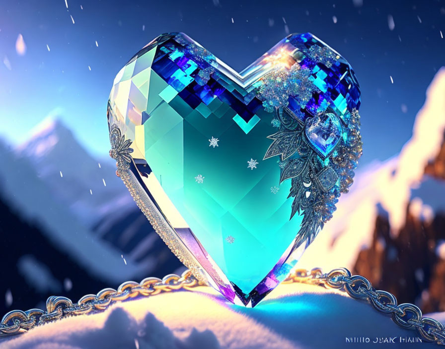 Intricate crystal heart in snowy twilight landscape