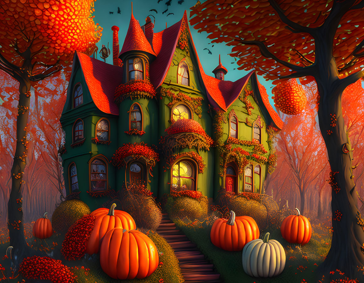 Victorian house with autumn foliage, pumpkins, and red leaves at twilight