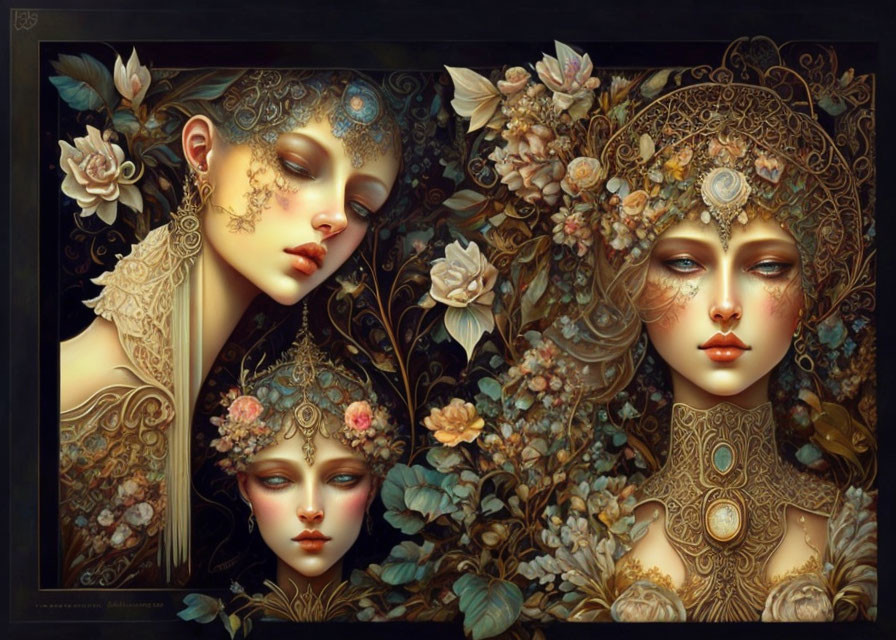 Three Women with Gold Adornments and Floral Backgrounds in Fantasy Setting