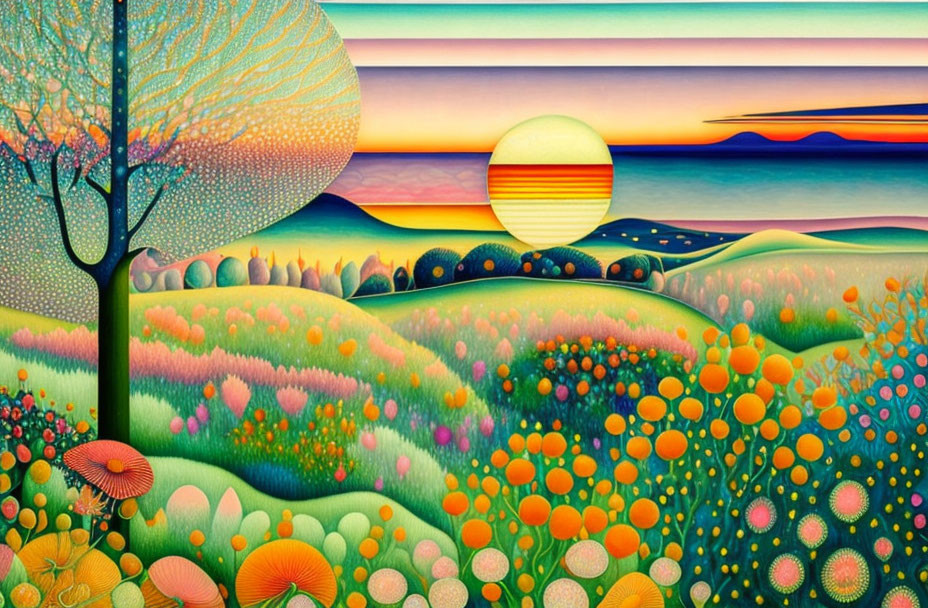 Vibrant Landscape with Rolling Hills and Colorful Flora