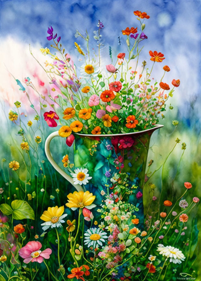 Vibrant wildflower bouquet in decorative pitcher under blue sky