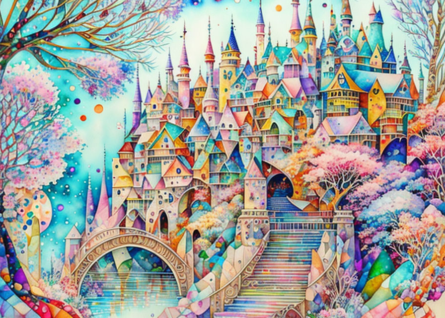 Whimsical fairytale castle illustration with vibrant nature and starry sky