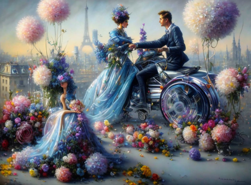 Whimsical painting: couple on flower-adorned motorcycle with Eiffel Tower