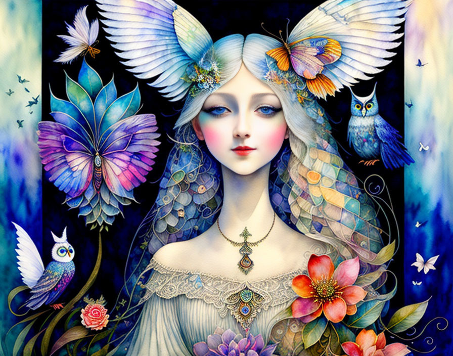 Ethereal artwork of pale woman with butterfly wings, flowers, and owls