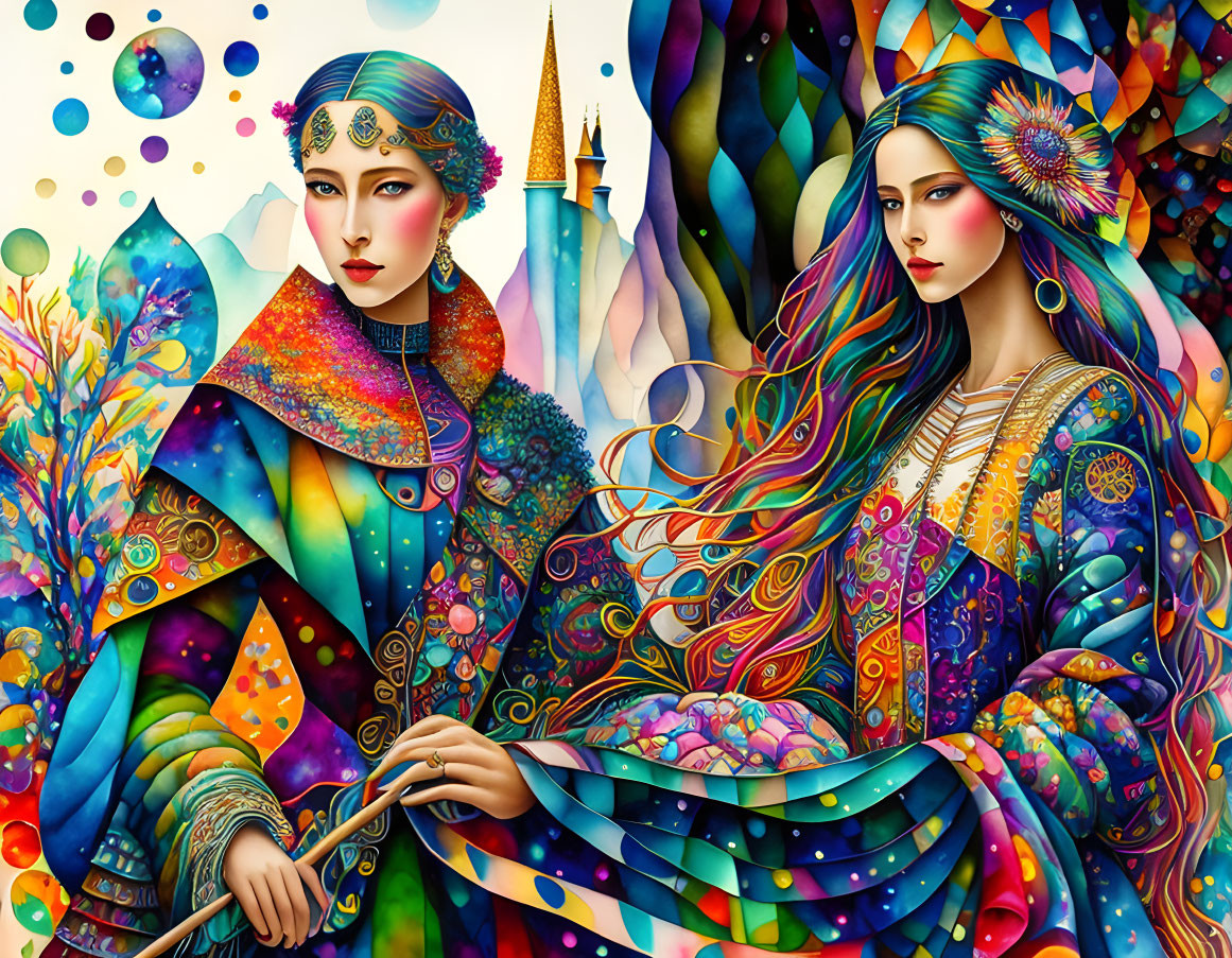 Elaborately Dressed Women in Colorful, Magical Fantasy Setting