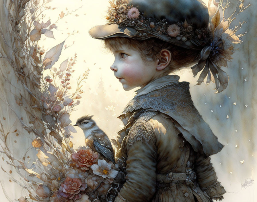 Child in vintage clothing with flowers gazes into the distance next to a bird.