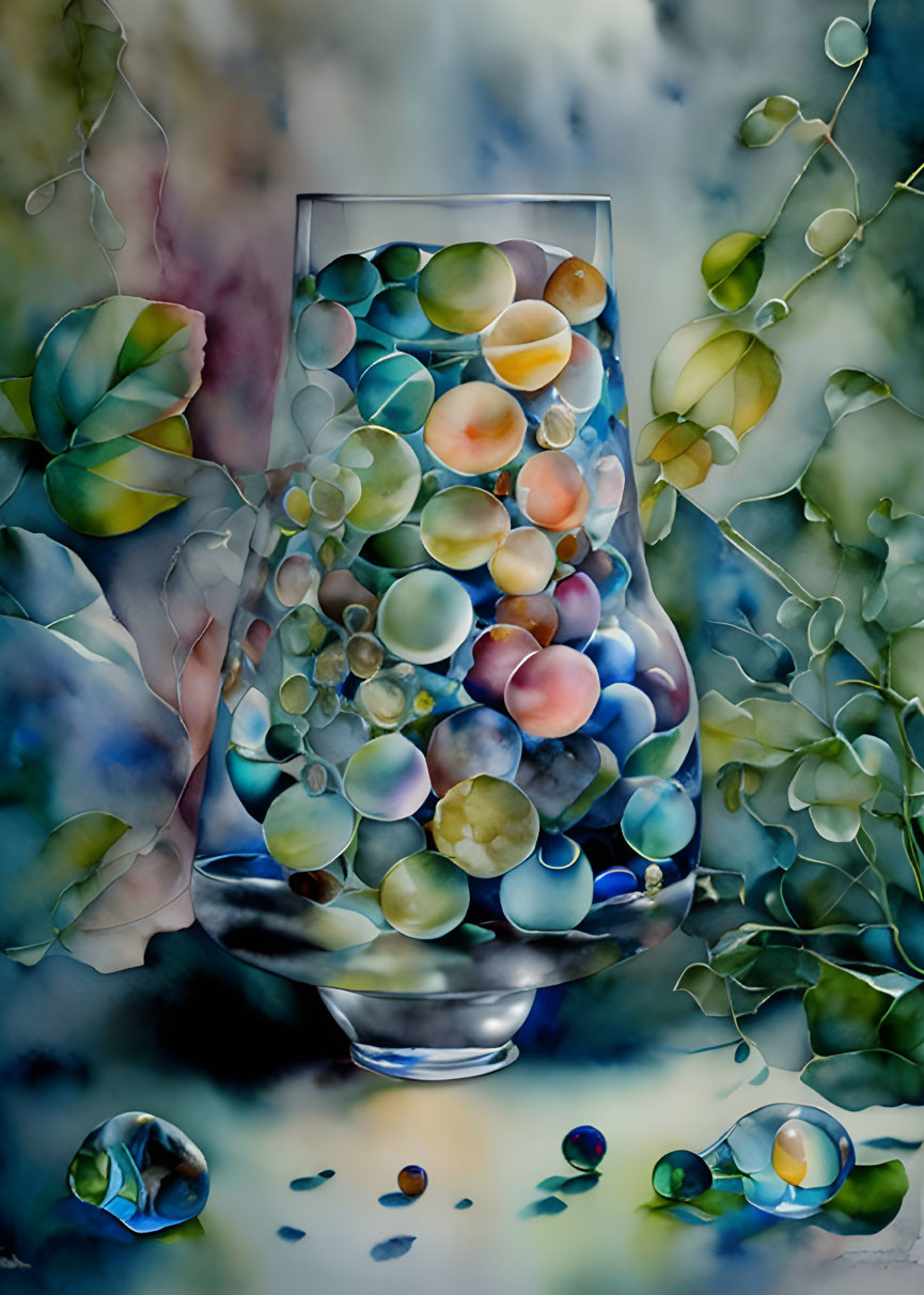 Colorful Marbles in Glass Vase with Blue and Green Foliage