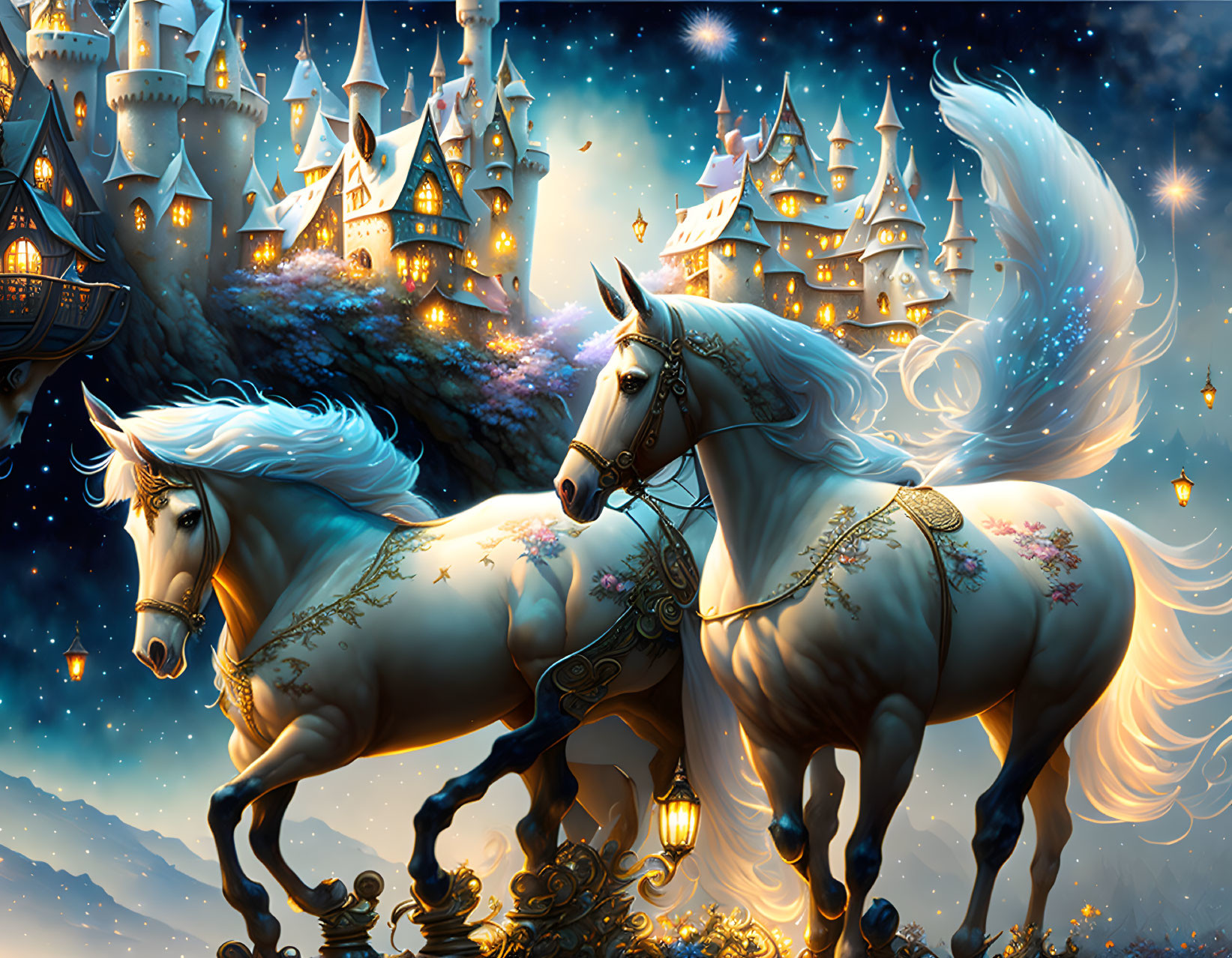 Majestic white horses gallop by a starlit castle with lanterns