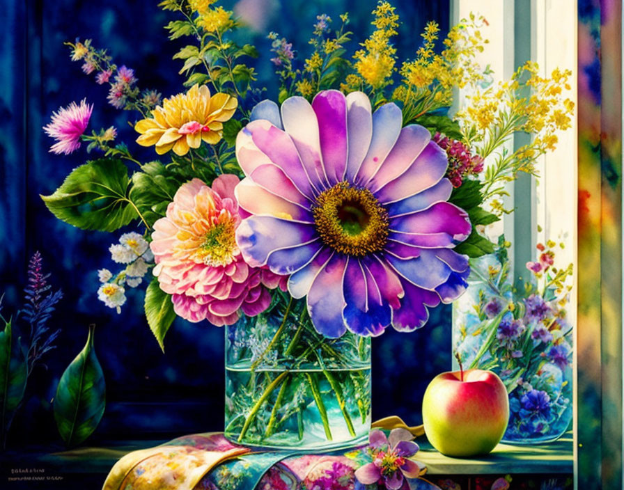 Colorful floral arrangement and ripe apple by window with garden view