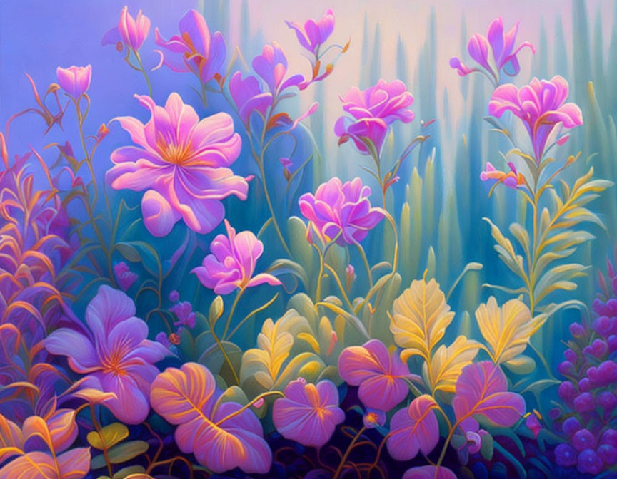 Colorful painting of purple and pink flowers on blue gradient background