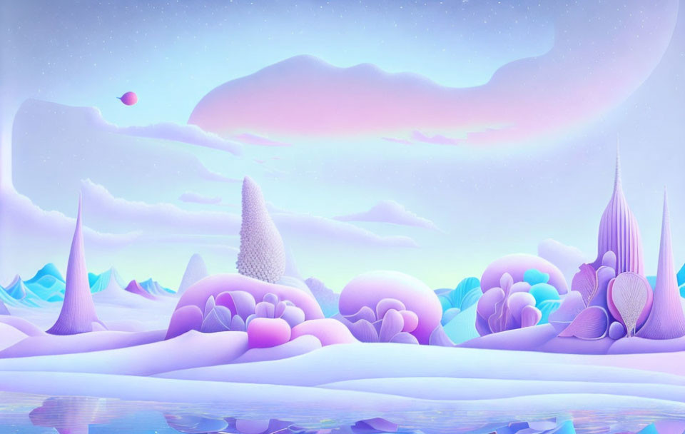 Pastel-colored fantasy landscape with spires and water under pink and purple sky