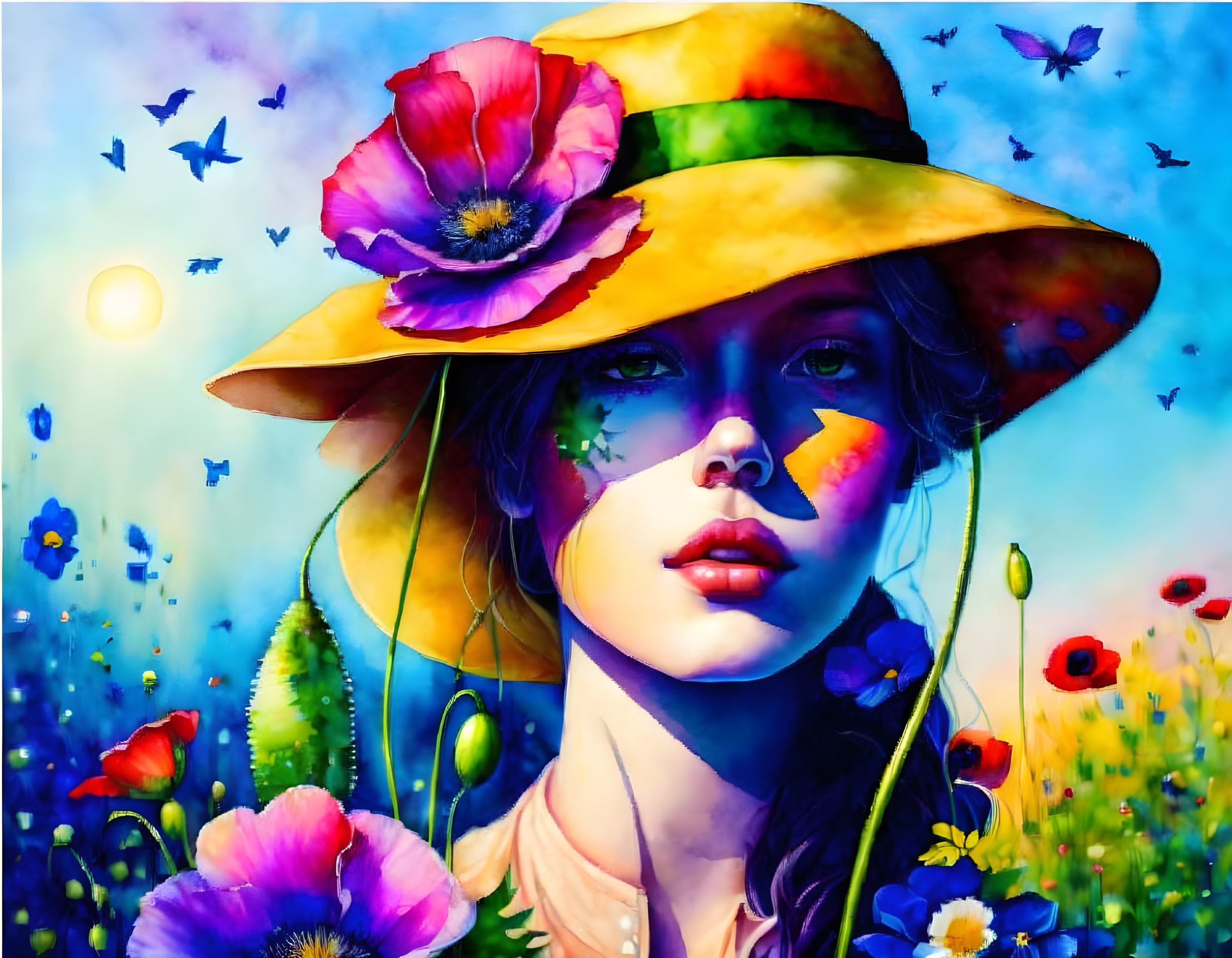 Vibrant Woman with Floral Hat, Butterflies, and Flowers under Blue Sky