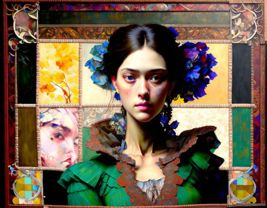 Solemn woman portrait with intricate frames and colorful floral elements