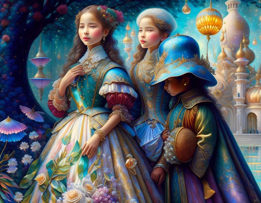 Three people in ornate Asian attire in fantastical landscape with vibrant flora.