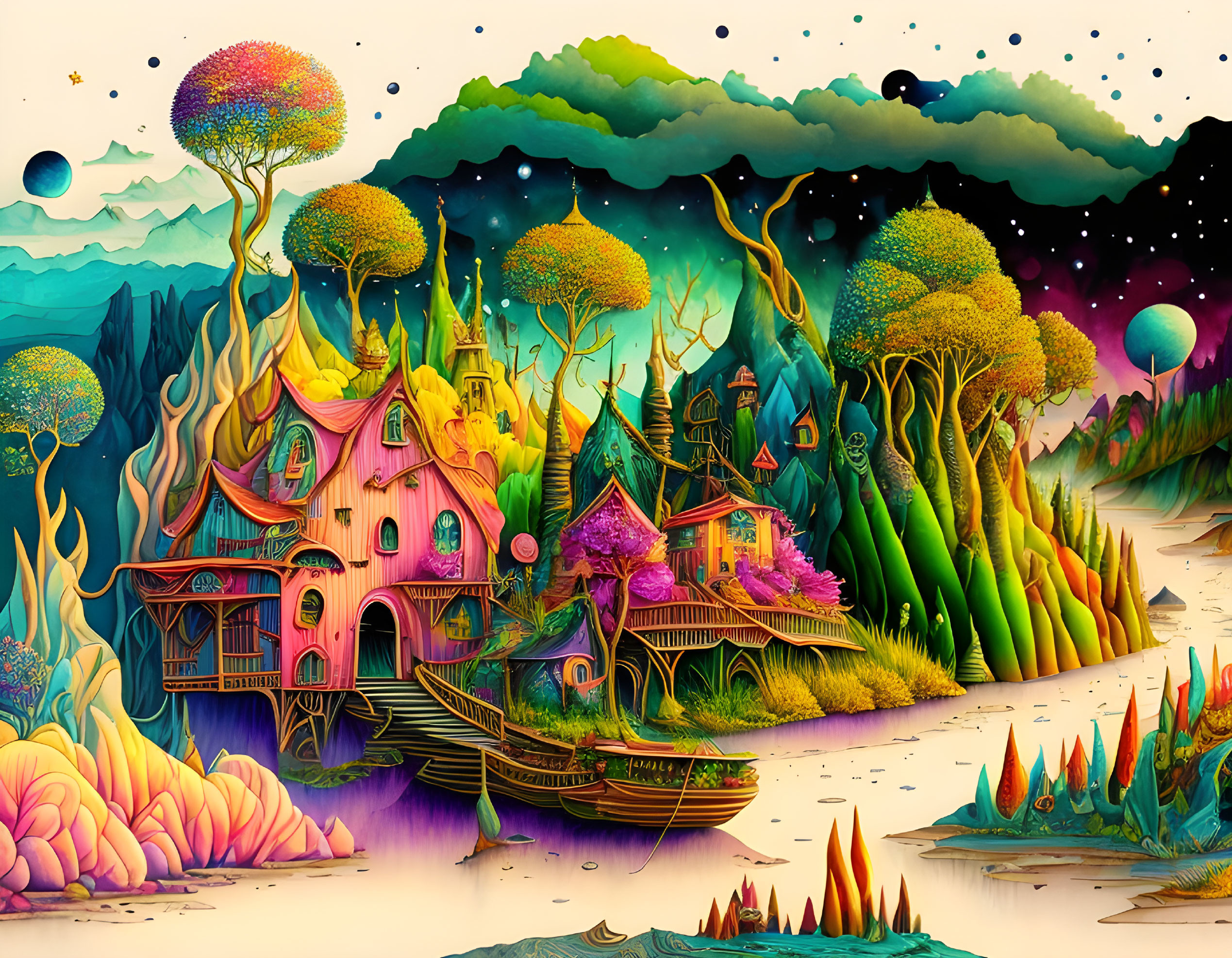 Whimsical treehouses and colorful flora in a vibrant fantasy landscape