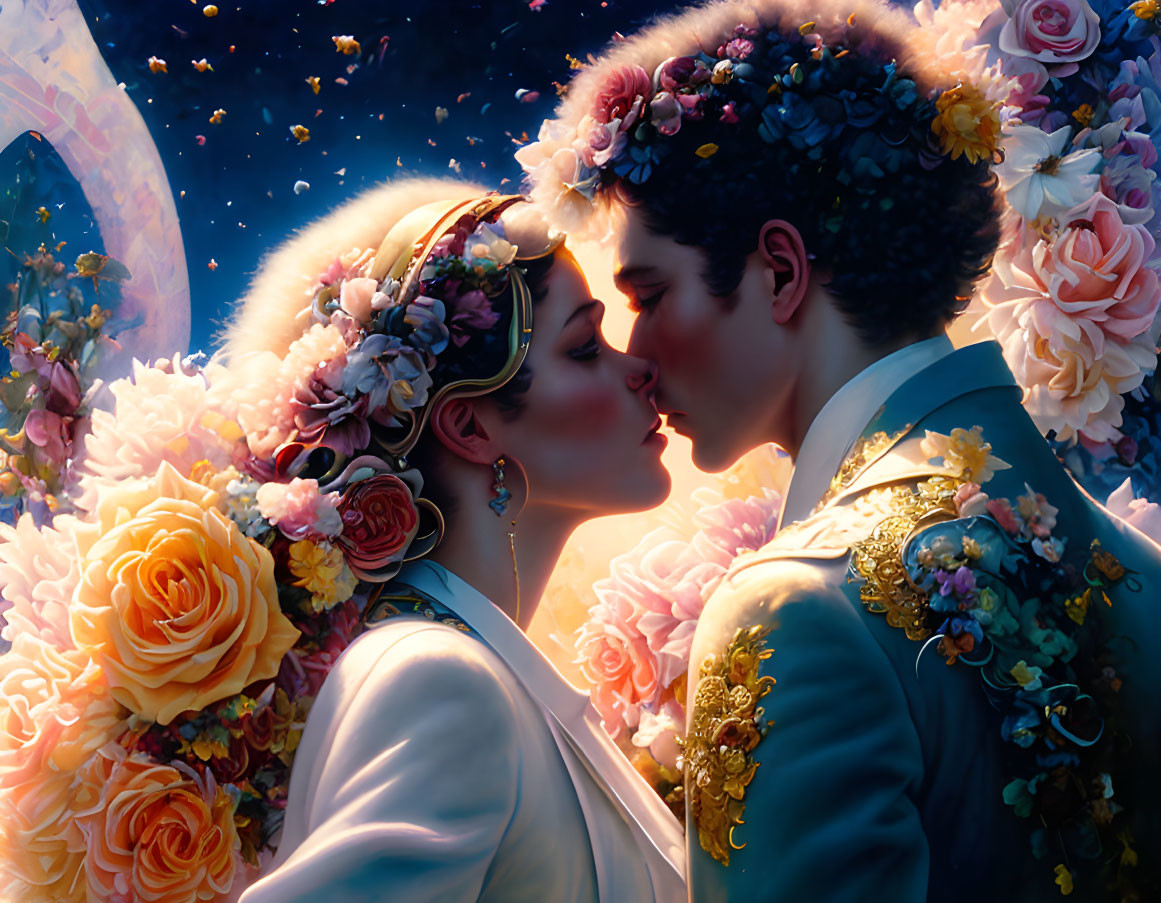 Couple in elaborate floral attire under celestial backdrop with vibrant flowers.