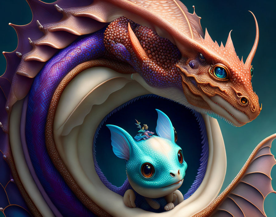 Illustration of two dragons: orange with intricate scales and blue one with a tiny rider