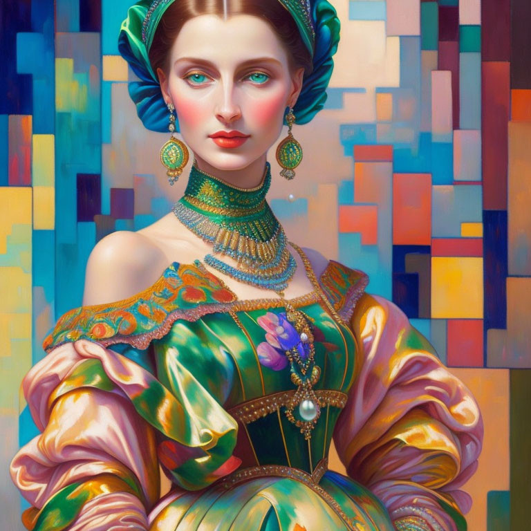 Portrait of Woman in Opulent Renaissance Gown and Jewelry Against Geometric Background