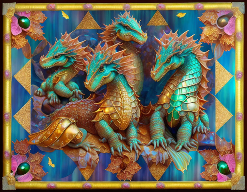 Three ornate fantasy dragons in intricate scales and horns on a decorative symmetrical backdrop.