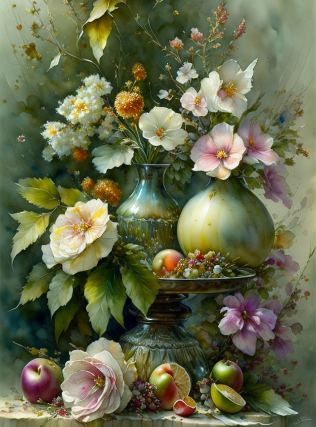 Ornate vase with flowers, fruits, and bottle on hazy background