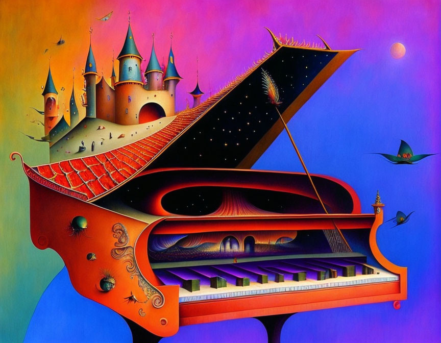 Colorful Surrealist Artwork: Grand Piano Castle with Flying Books