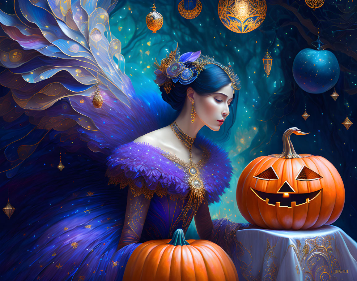 Regal woman in blue and purple dress with pumpkin in mystical setting