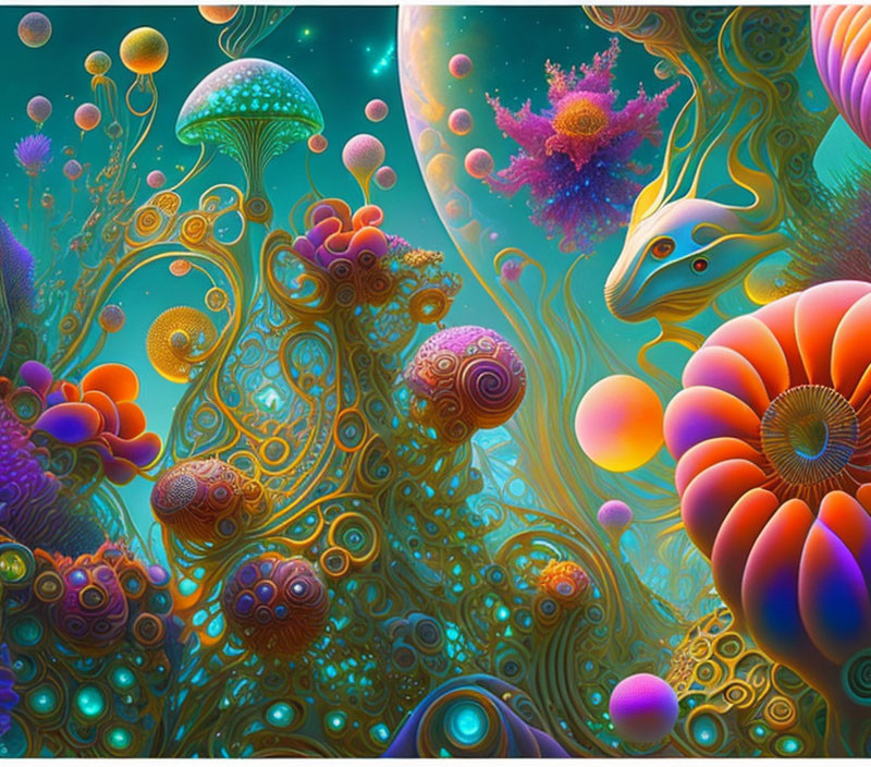 Colorful psychedelic digital art with abstract alien flora and fauna in surreal landscape