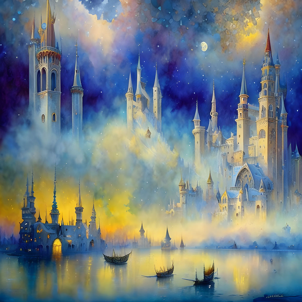 Fantastical castle with multiple spires under starry night sky reflected in tranquil water